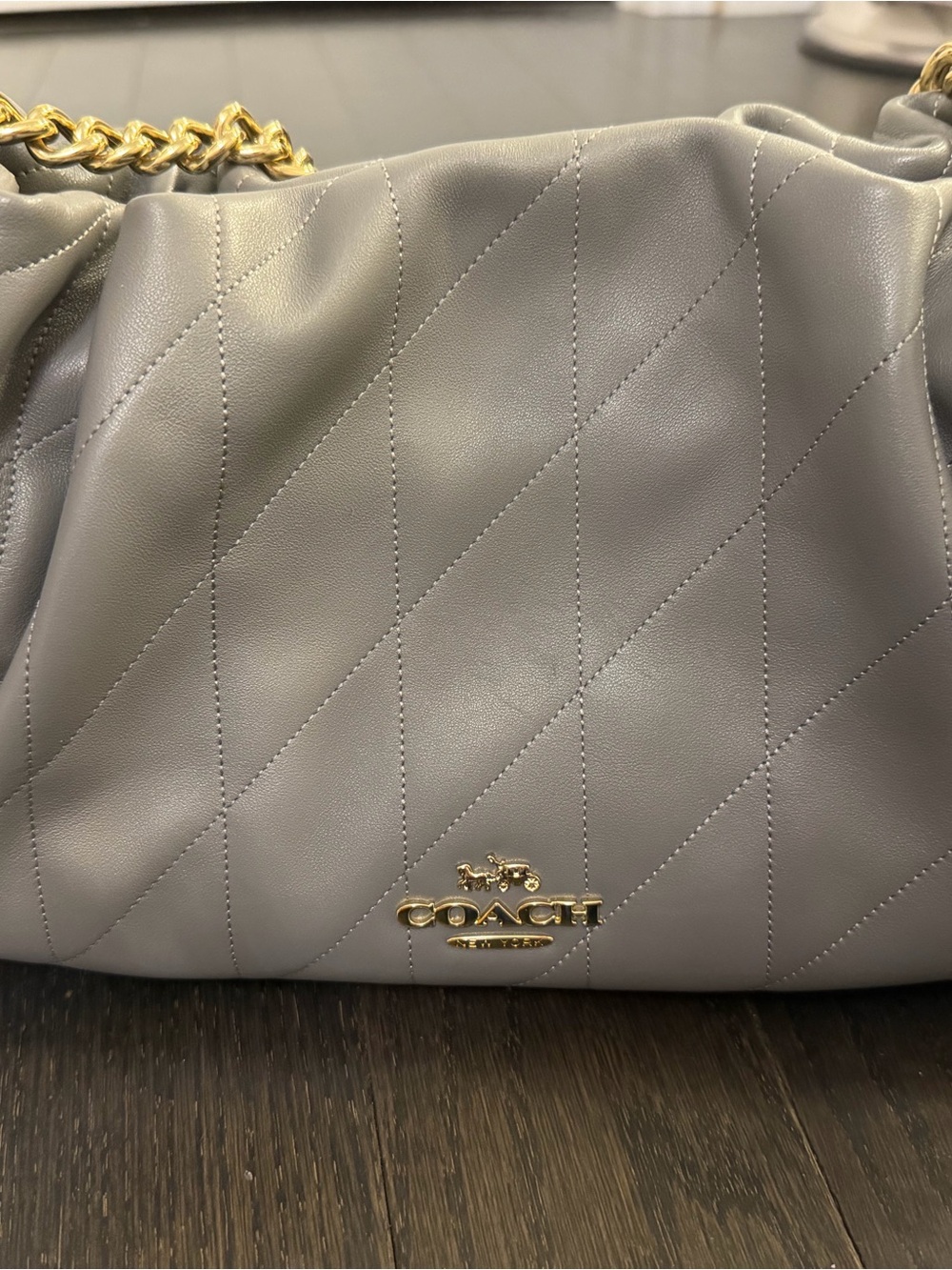 COACH Large Faye Quilted Gray/ slate Leather Shoulder Bag with Gold Hardware